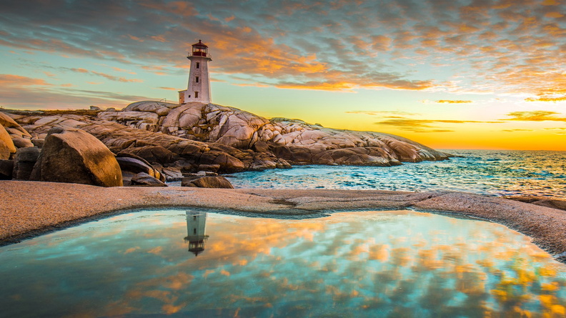 Sunset lighthouse, rocks
